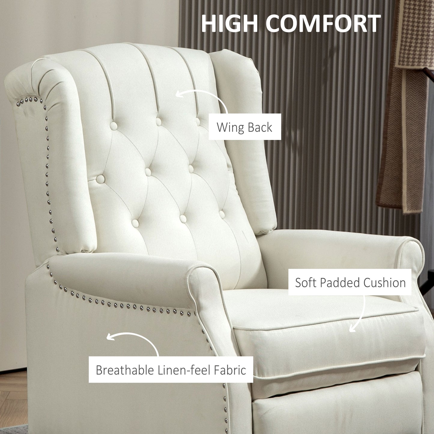 HOMCOM Wingback Reclining Chair with Footrest, Button Tufted Recliner Chair with Rolled Armrests for Living Room, Light Grey