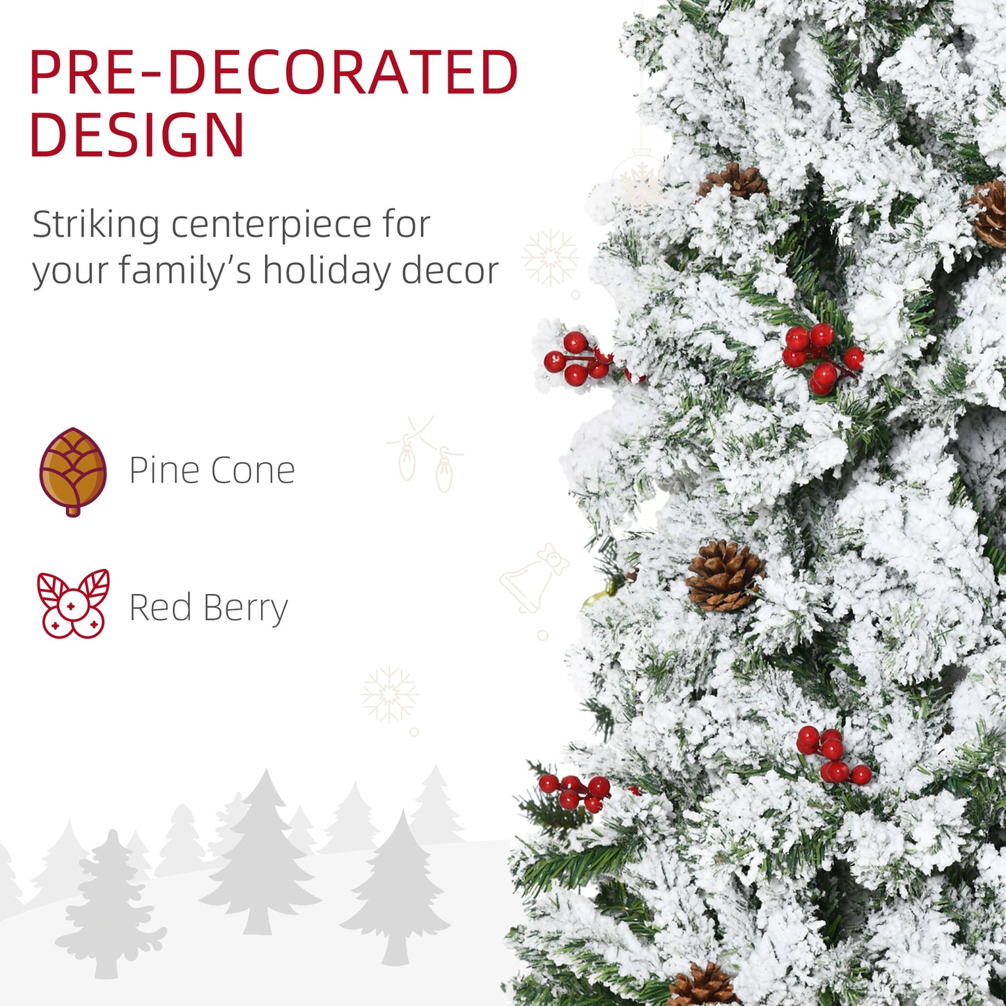 HOMCOM 9-foot Pencil Snow Flocked Artificial Christmas Tree with 1350 Pine Realistic Branches, Pine Cones, Red Berries, Auto Open, Green