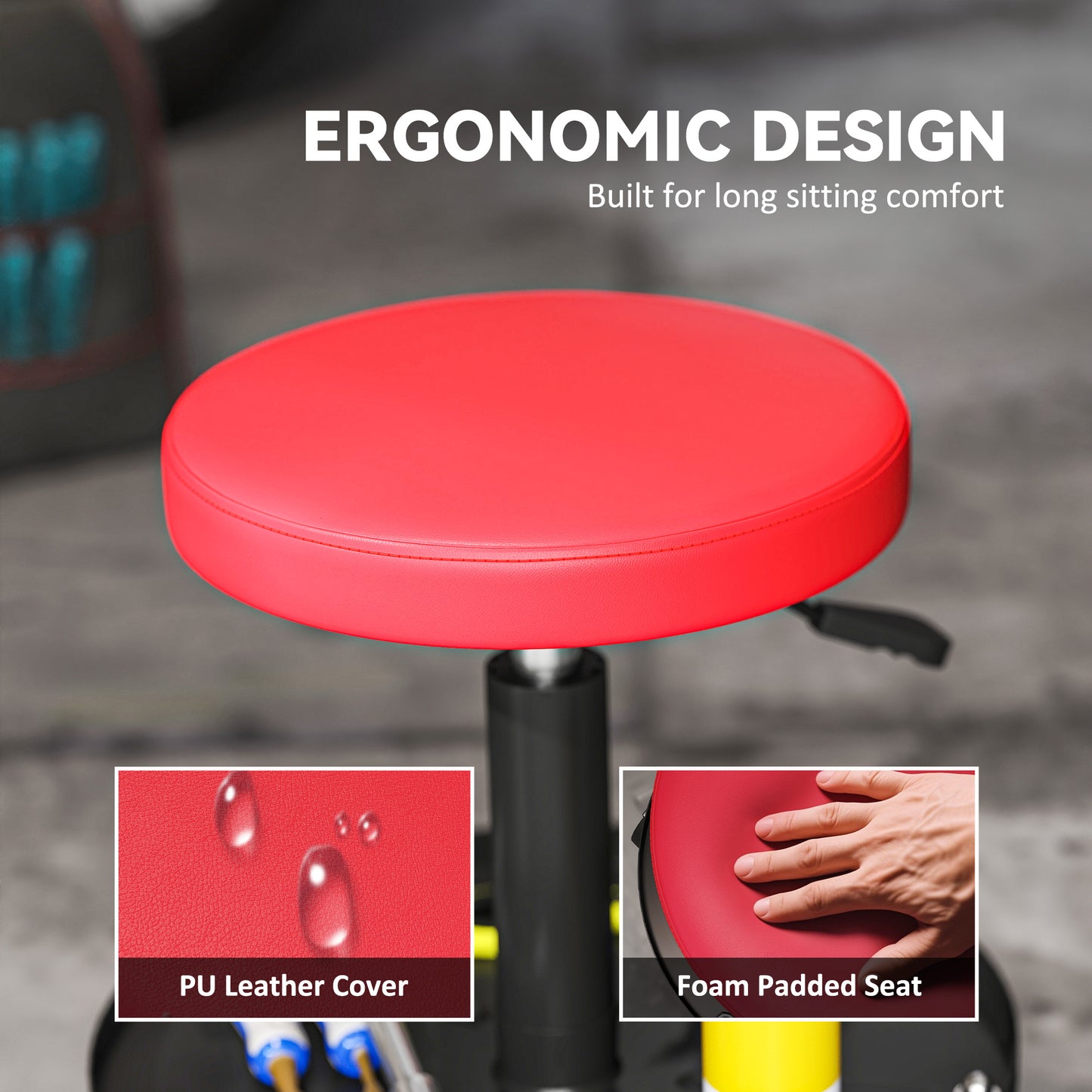 HOMCOM Rolling Garage Stool, 300 LBS Capacity Padded Mechanic Stool with 2.5" Wheels, Adjustable Height 15" -19.7", Red