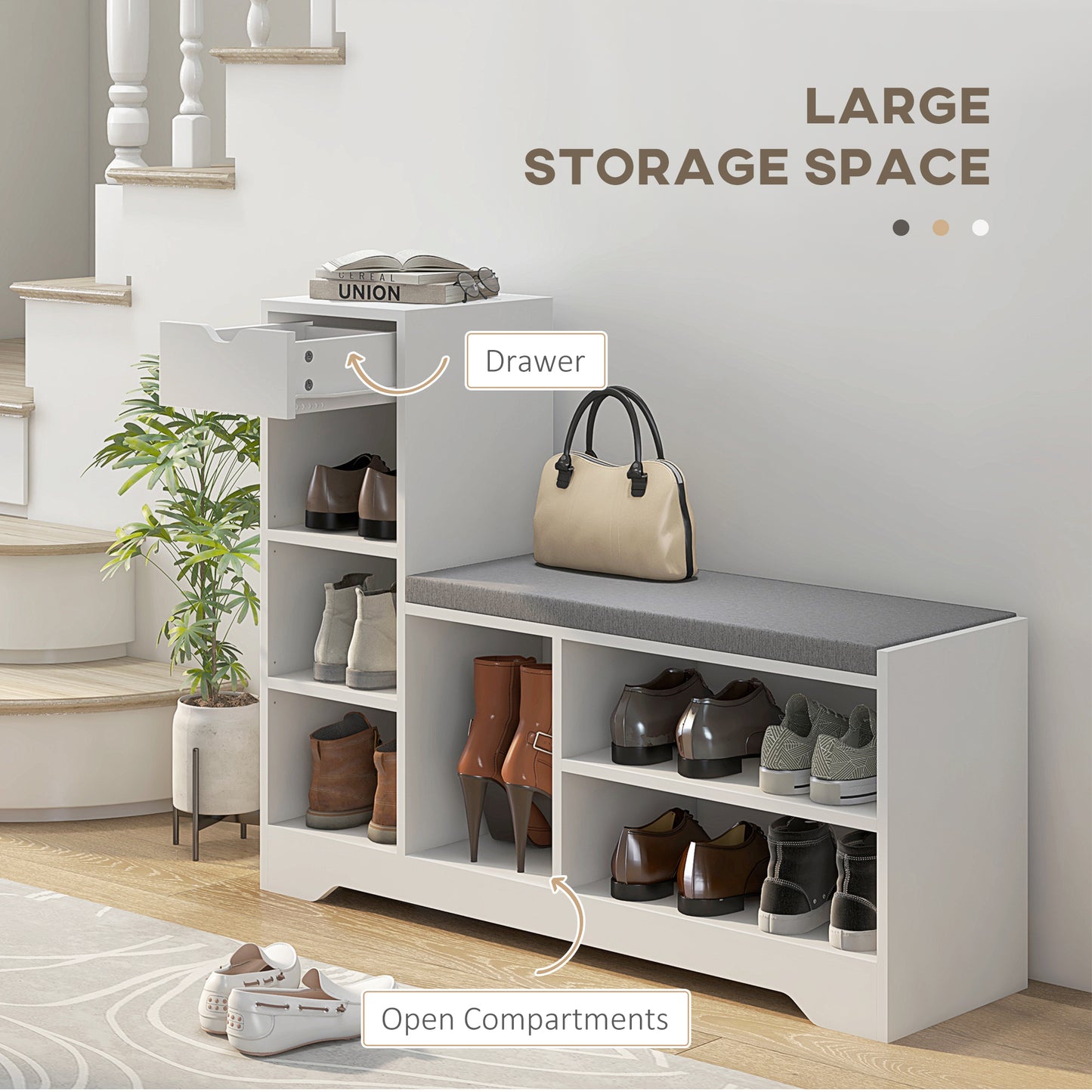 HOMCOM Upholstered Shoe Storage Bench w/ Seat, Entrance Bench w/ Drawer and 6 Open Shelves for Hallway, White