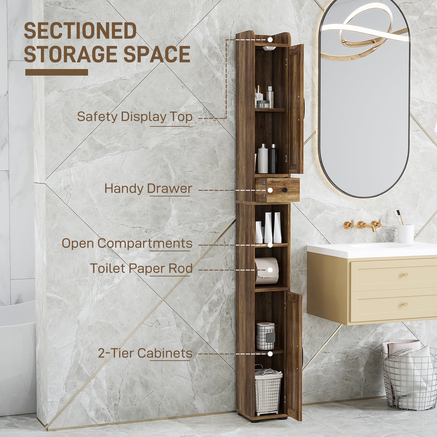 HOMCOM Narrow Bathroom Cabinet, Tall Bathroom Storage Cabinet with Barn Doors, Drawer and Adjustable Shelves, Brown Wood Grain