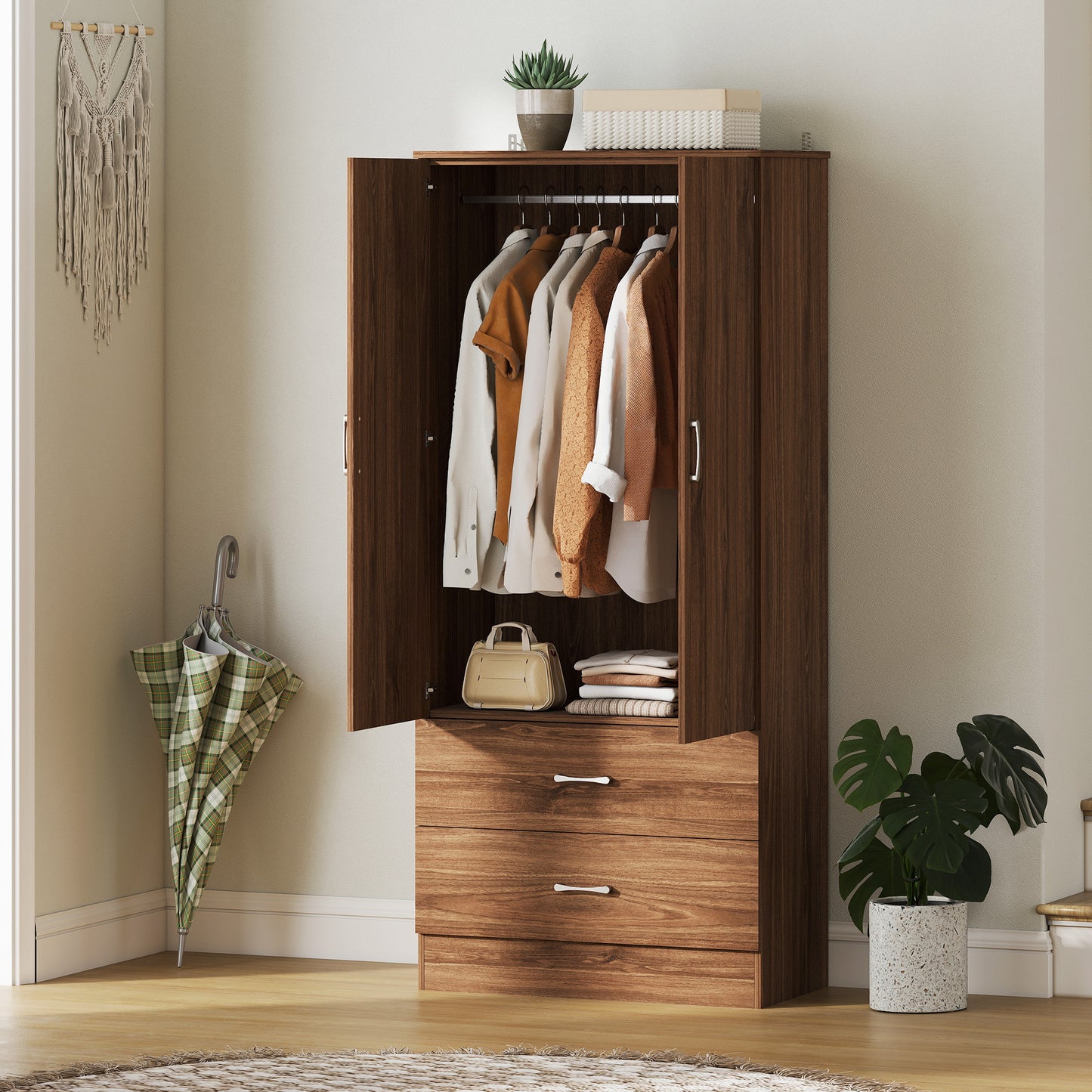 HOMCOM Wardrobe Closet Armoire with Hanging Rod and 2 Doors, Clothes Storage Organizer with 2 Drawers for Bedroom, Oak