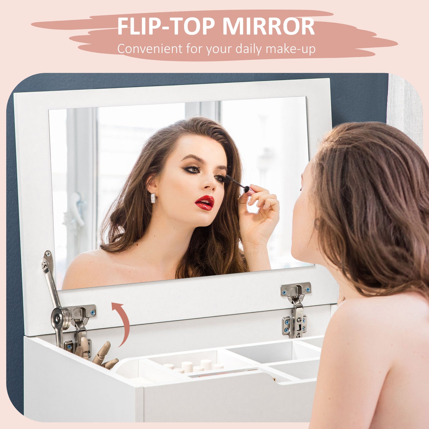 HOMCOM Vanity Set with Flip Top Mirror, Makeup Vanity Desk with Stool, Dressing Table with Drawer and 7 Compartments, White