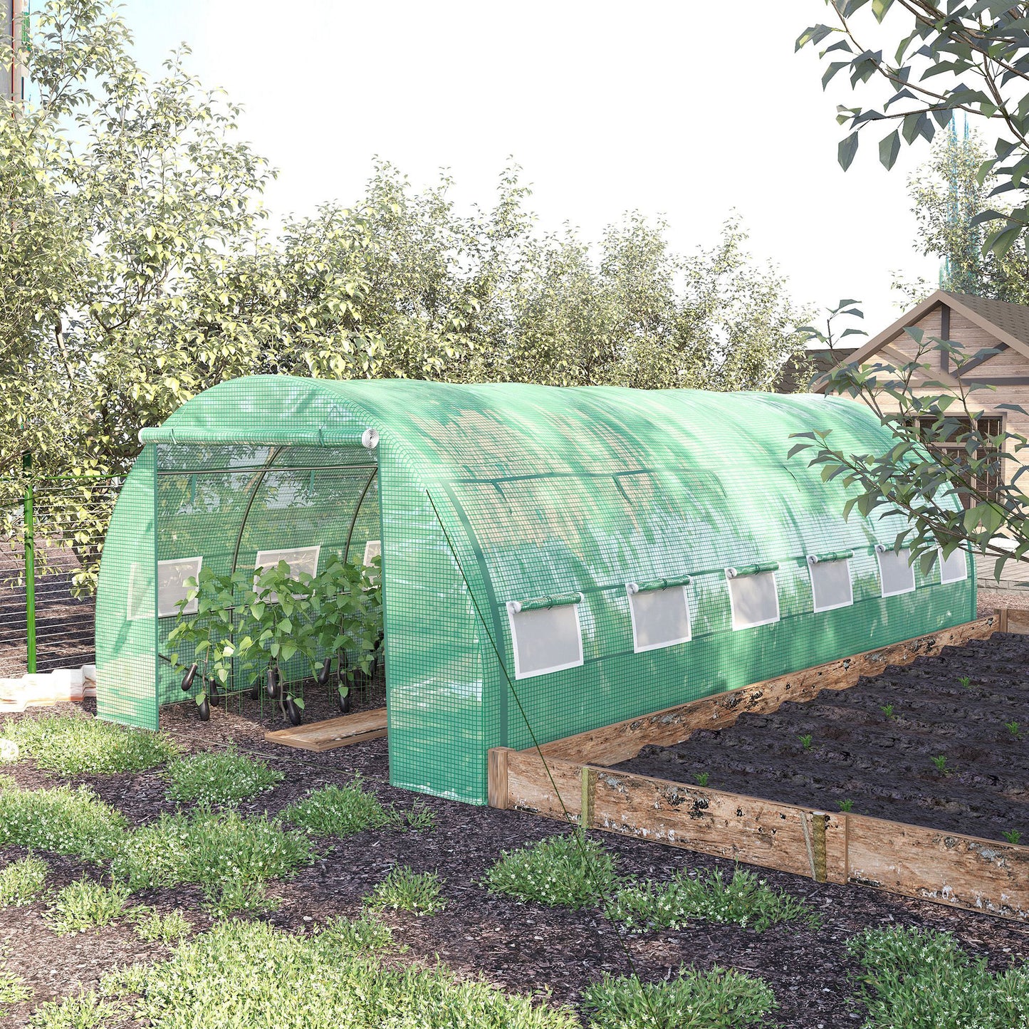Outsunny Large Walk-in Greenhouse, 20'x10'x6.6' Tunnel Greenhouse with Zippered Door and 12 Roll-up Windows, Outdoor Green House for Garden Plant, Green