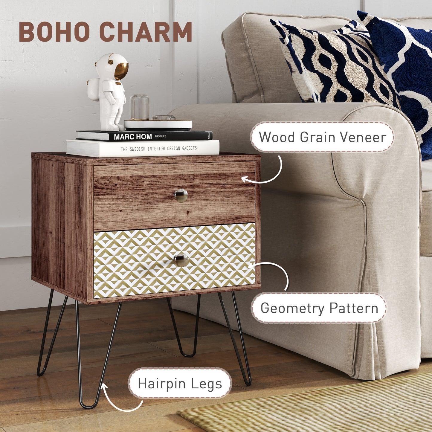 HOMCOM Side Table with Drawers, Nightstand, Bedside Table, Sofa End Table, for Bedroom, Brown