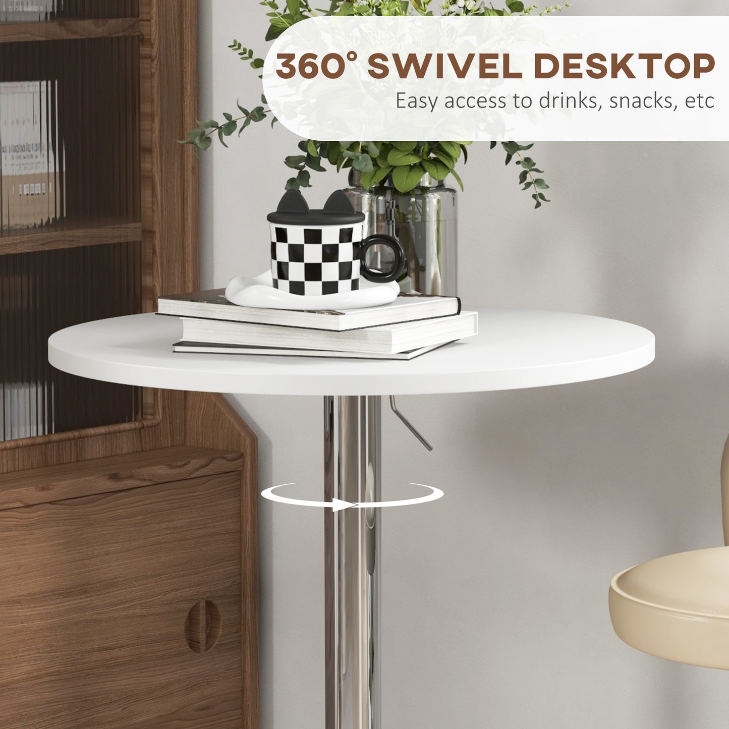 HOMCOM High Top Bar Table, Adjustable Round Kitchen Table with Swivel Top and Steel Base, Bistro Table for 2 People, White