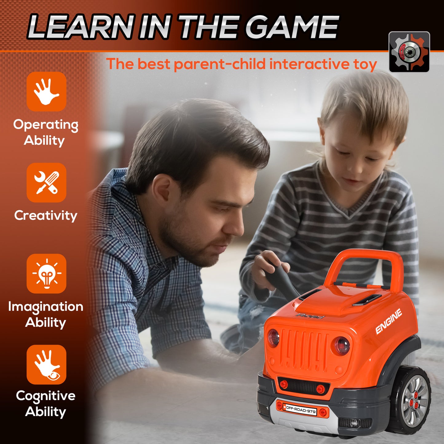 Qaba Kids Truck Engine Toys for Boys Girls 3 4 5 Years Old, Toddlers Construction Educational Repair Car Tool Set with Light and Sound, Orange