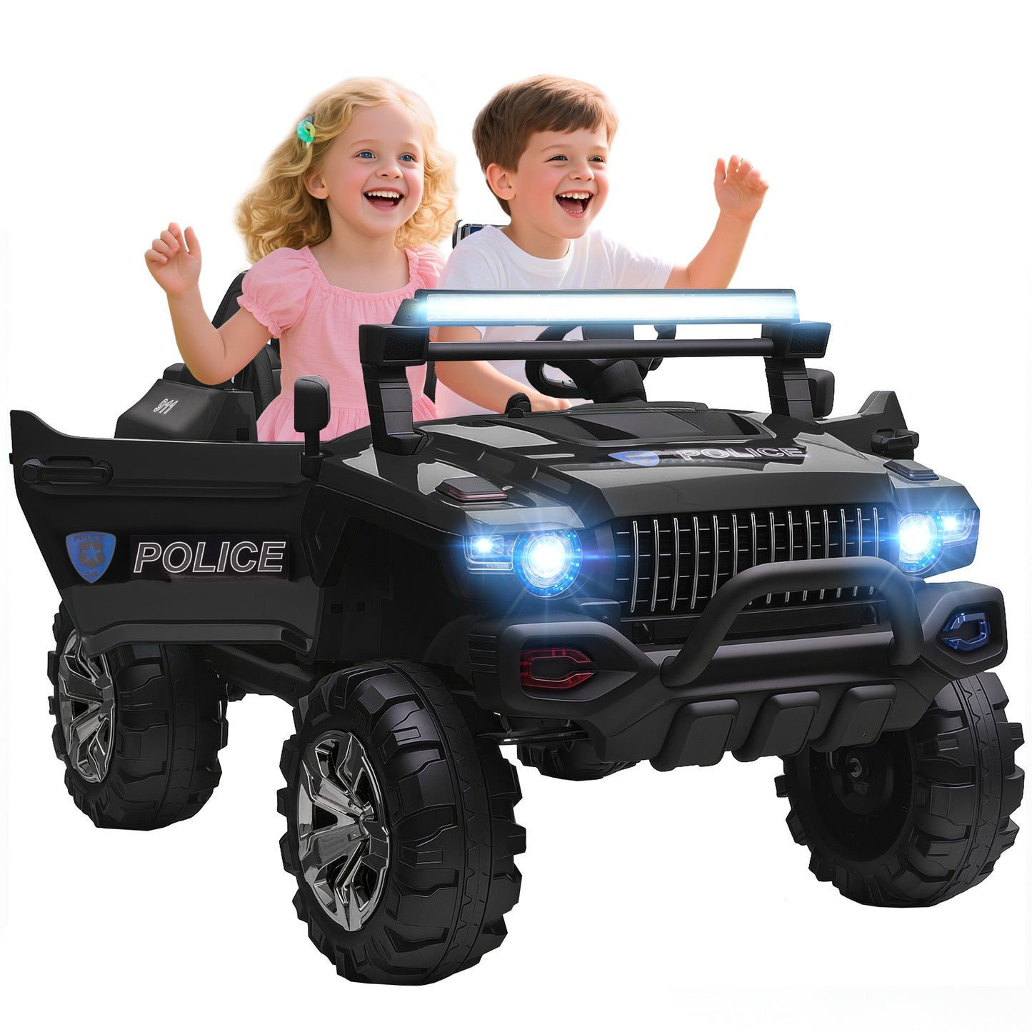 Aosom Kids Ride-On Car 12V RC 2-Seater Police Truck Electric Car For Kids with Full LED Lights, MP3, Parental Remote Control (White)