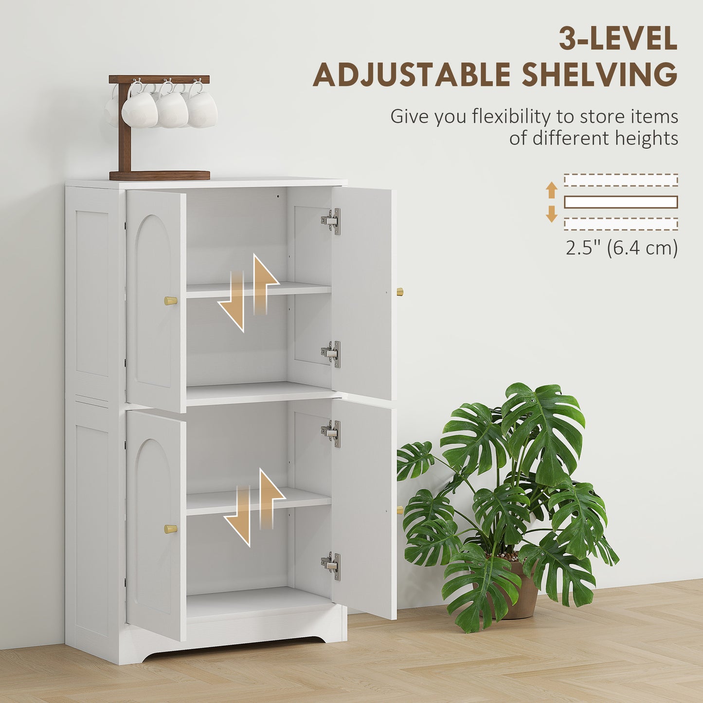 HOMCOM 43" Kitchen Pantry Cabinet, Freestanding Modern Storage Cabinet with 4 Arched Doors and 2 Adjustable Shelves, White
