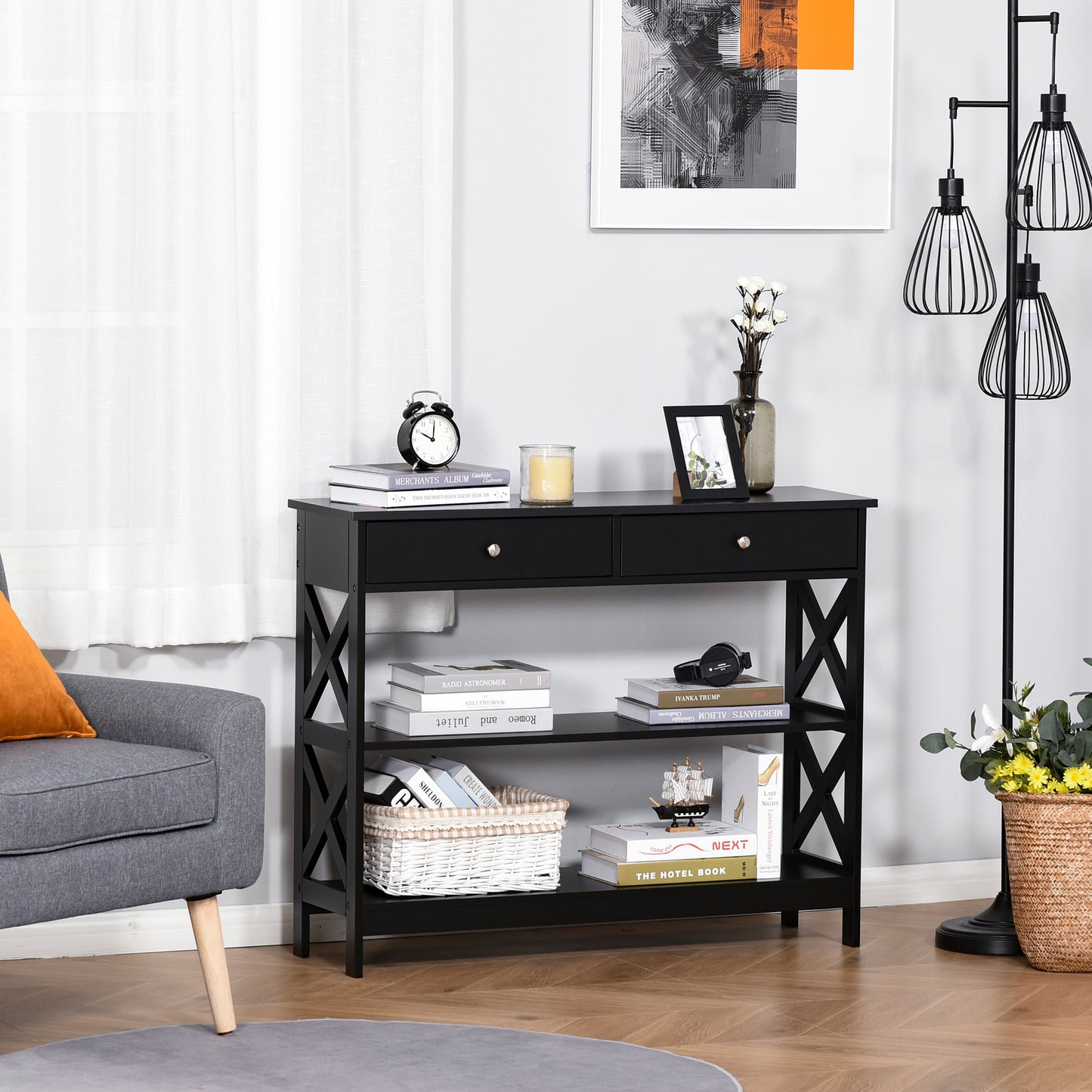 HOMCOM 39" Console Table, Narrow Entryway Table with Storage Shelves, Drawers and X Frame for Behind Couch, Living Room, Hallway, Black