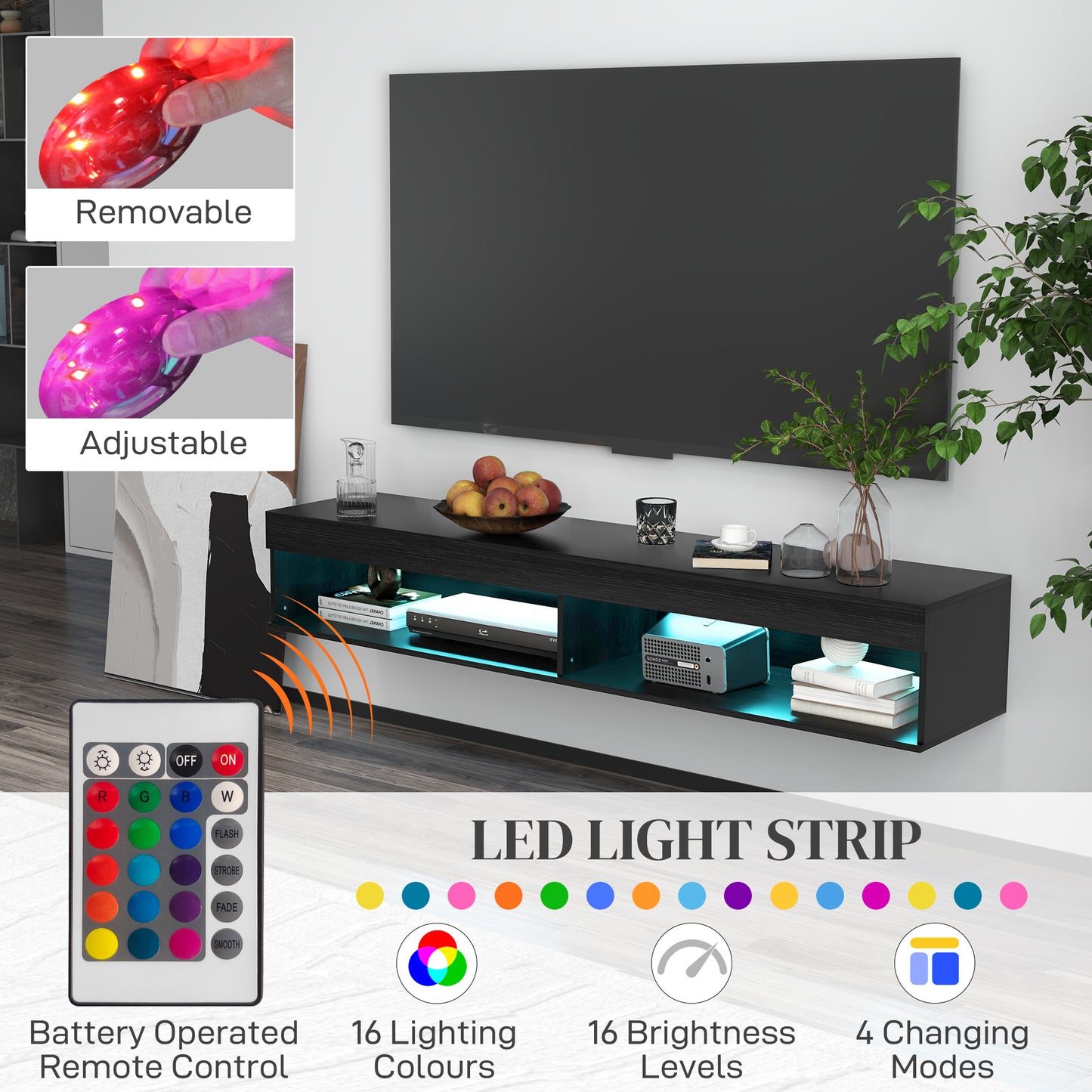 HOMCOM Modern Wall Mounted TV Stand with Storage and LED Lights for TVs up to 75", Floating TV Shelf for Living Room, Black