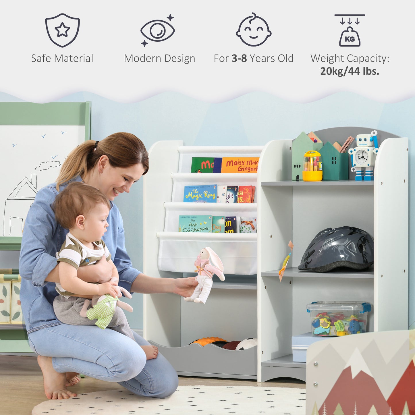 Qaba Kids Toy Storage Organizer Shelf, Children Bookshelf for Bedroom, Playroom, Nursery, Grey
