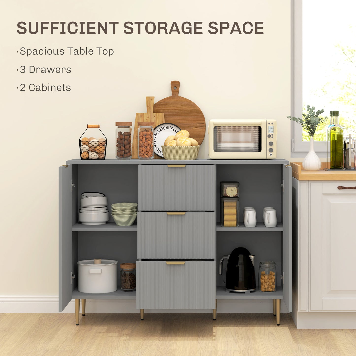 HOMCOM Modern Kitchen Storage Cabinet, Sideboard Buffet Cabinet w/ 3 Drawers and Adjustable Shelves for Kitchen Hallway, Grey