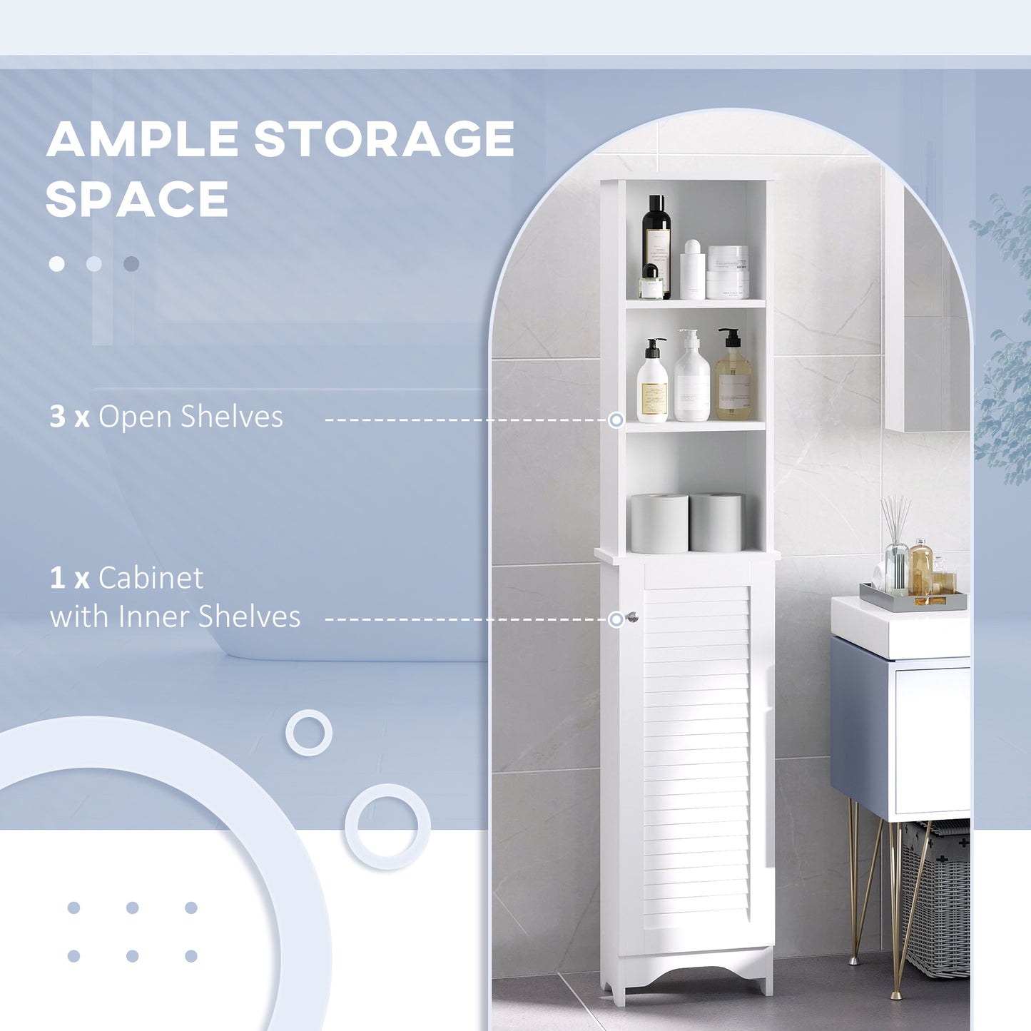 HOMCOM Tall Bathroom Storage Cabinet, Freestanding Linen Tower with 3-Tier Open Adjustable Shelf, White