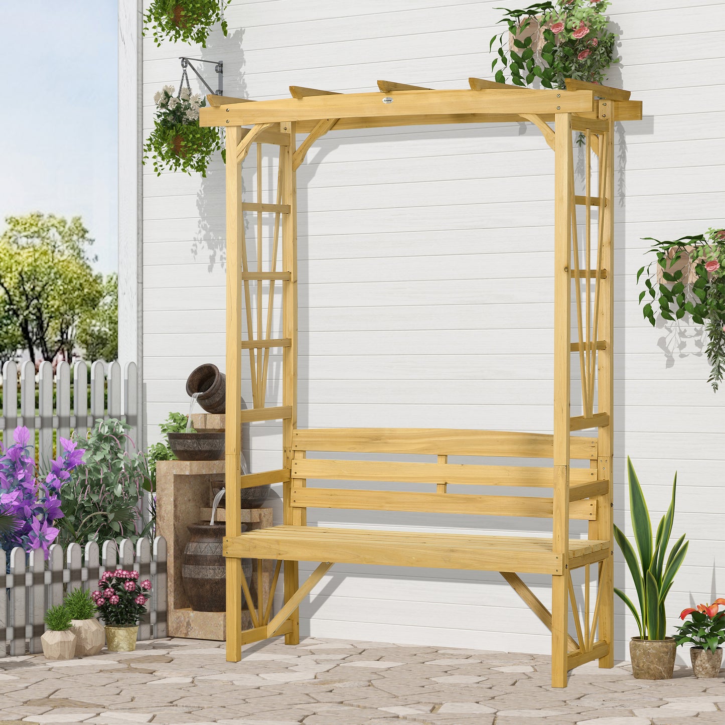 Outsunny Patio Wooden Bench, Outdoor Bench for Vines/Climbing Plants, Light Brown