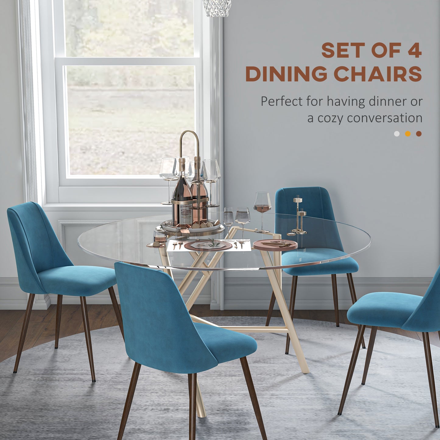 HOMCOM Upholstered Dining Chairs Set of 4, Velvet Accent Chair with Back and Wood-grain Steel Leg for Kitchen, Grey
