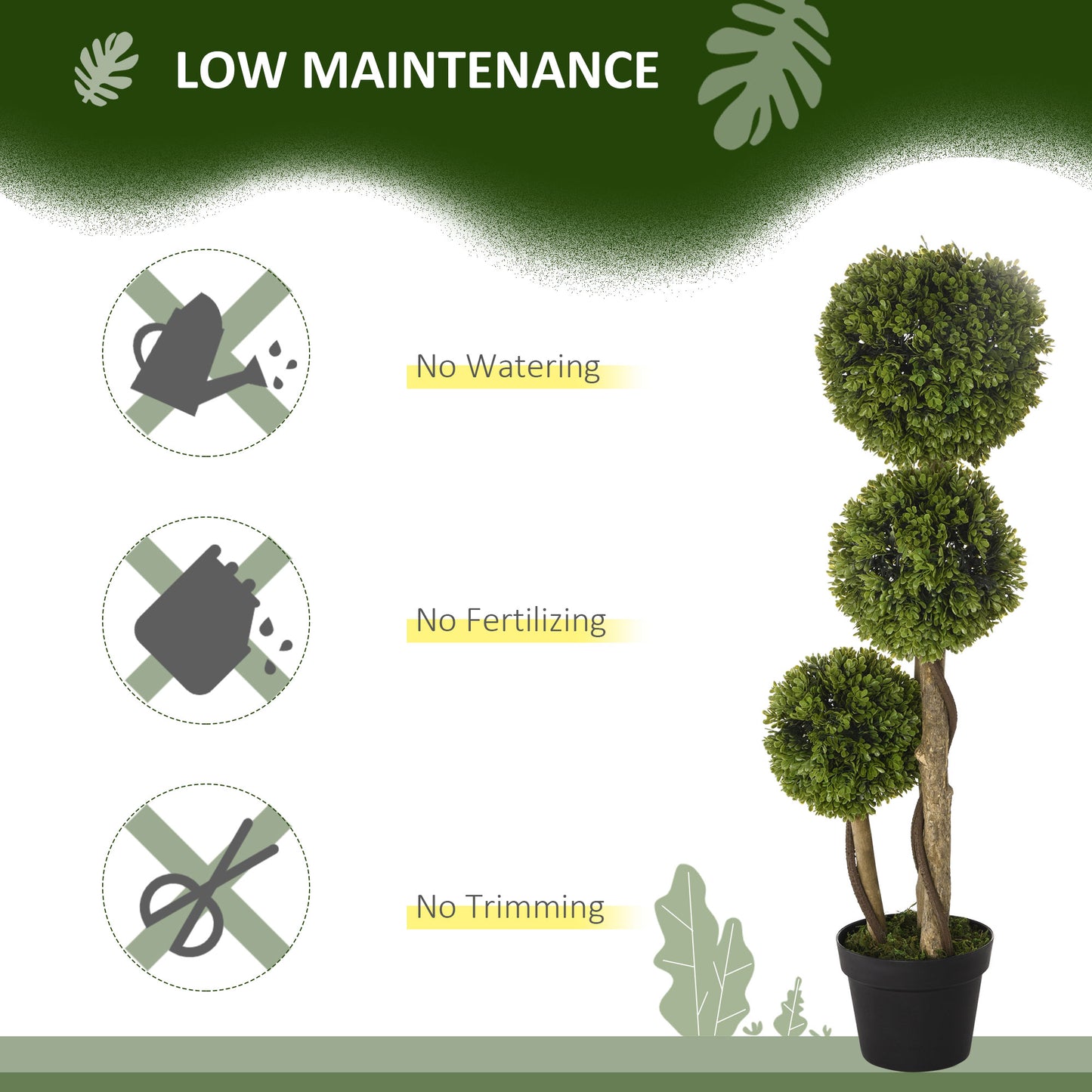 HOMCOM 3FT Potted Fake Plant, Artificial Boxwood Topiary Tree, Triple Ball Tree for Indoor and Outdoor, Green
