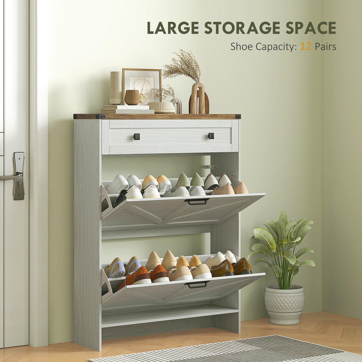 HOMCOM Narrow Shoe Storage Cabinet, Farmhouse Shoe Cabinet with 2 Flip Drawers, 1 Drawer, 12 Pairs for Entryway, White