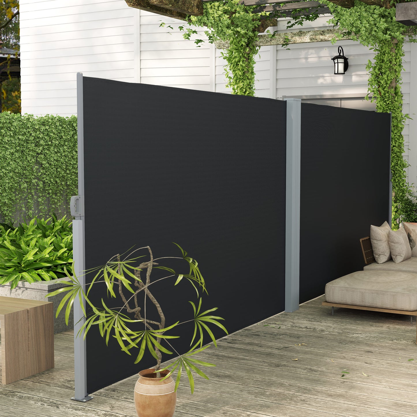 Outsunny Retractable Double Side Awning, 79"x236" Patio Privacy Screen, UV Resistant, Waterproof Wind Screen, Black