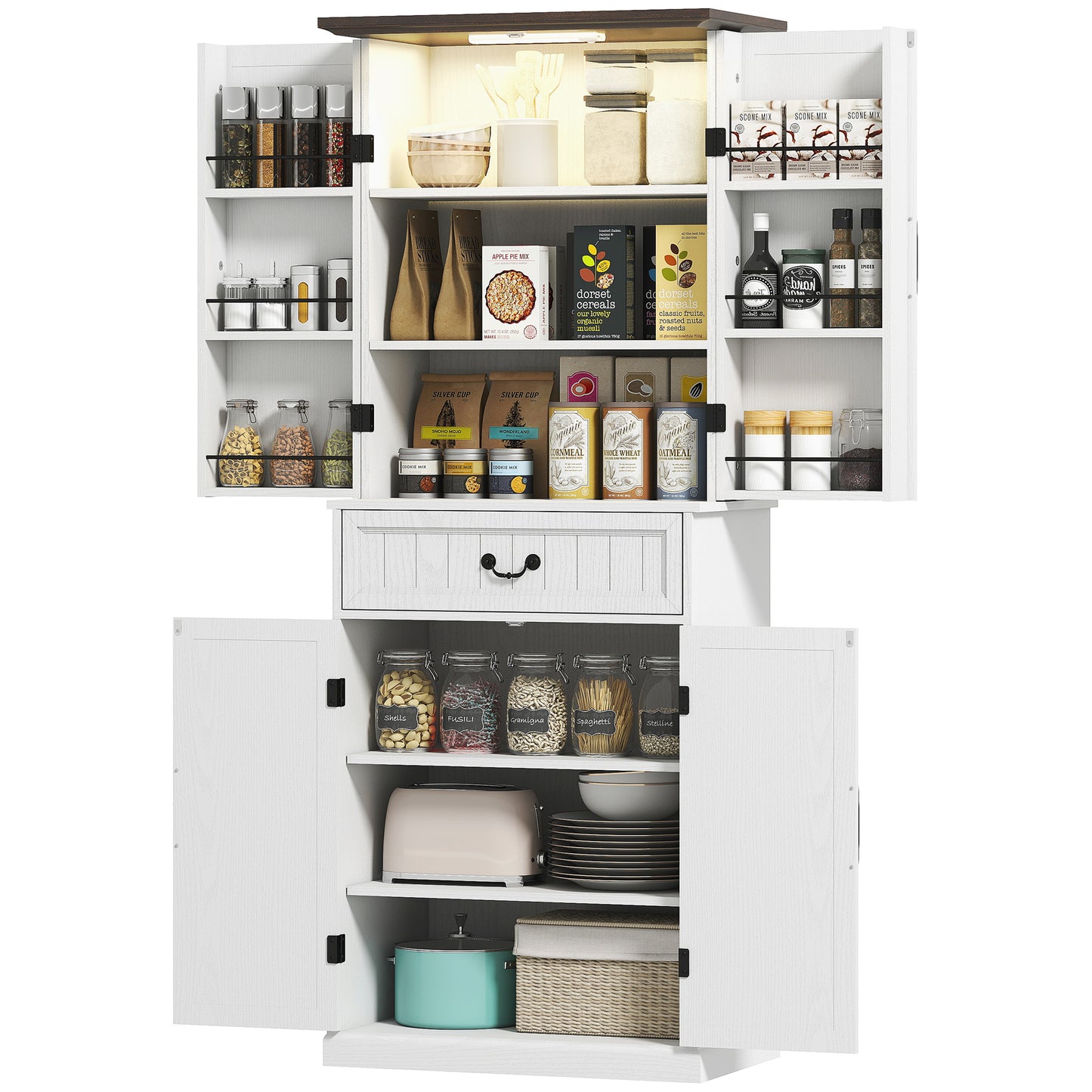 HOMCOM 71" LED Kitchen Pantry Cabinet, Farmhouse Storage Cabinet with Door Shelves, Distressed Brown