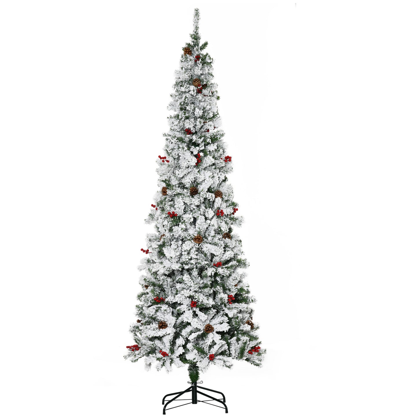 HOMCOM 9-foot Pencil Snow Flocked Artificial Christmas Tree with 1350 Pine Realistic Branches, Pine Cones, Red Berries, Auto Open, Green