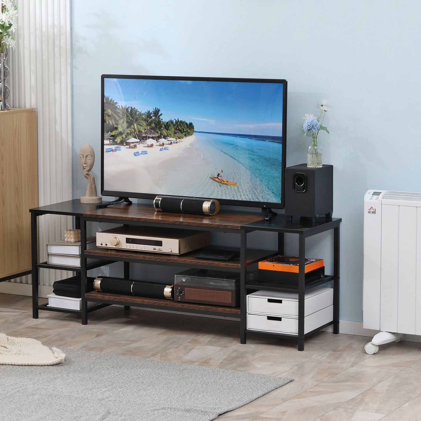 HOMCOM Industrial TV Cabinet for TVs Up to 60", TV Stand with Open Shelf Storage, Media Console with Steel Frame, Rustic Brown