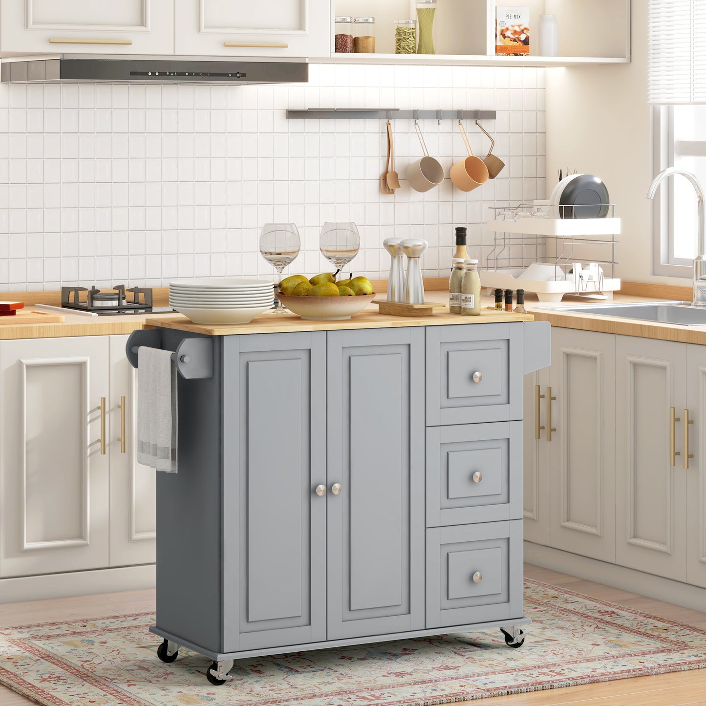 HOMCOM Kitchen Island with Drop Leaf, Rolling Kitchen Cart on Wheels with 3 Drawers, Cabinet, Natural Wood Top, Spice Rack and Towel Rack, White