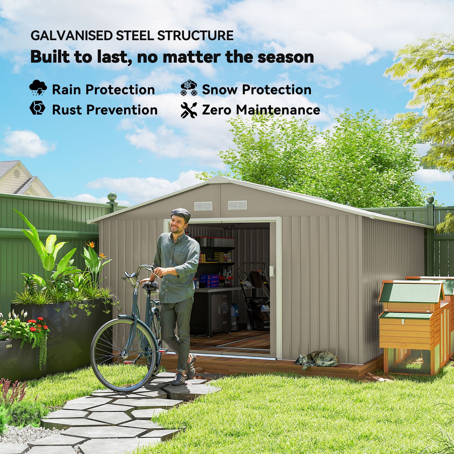 Outsunny 11' x 13'Garden Storage Shed w/ Foundation Kit Metal Tool Storage House w/ Double Doors Yellow