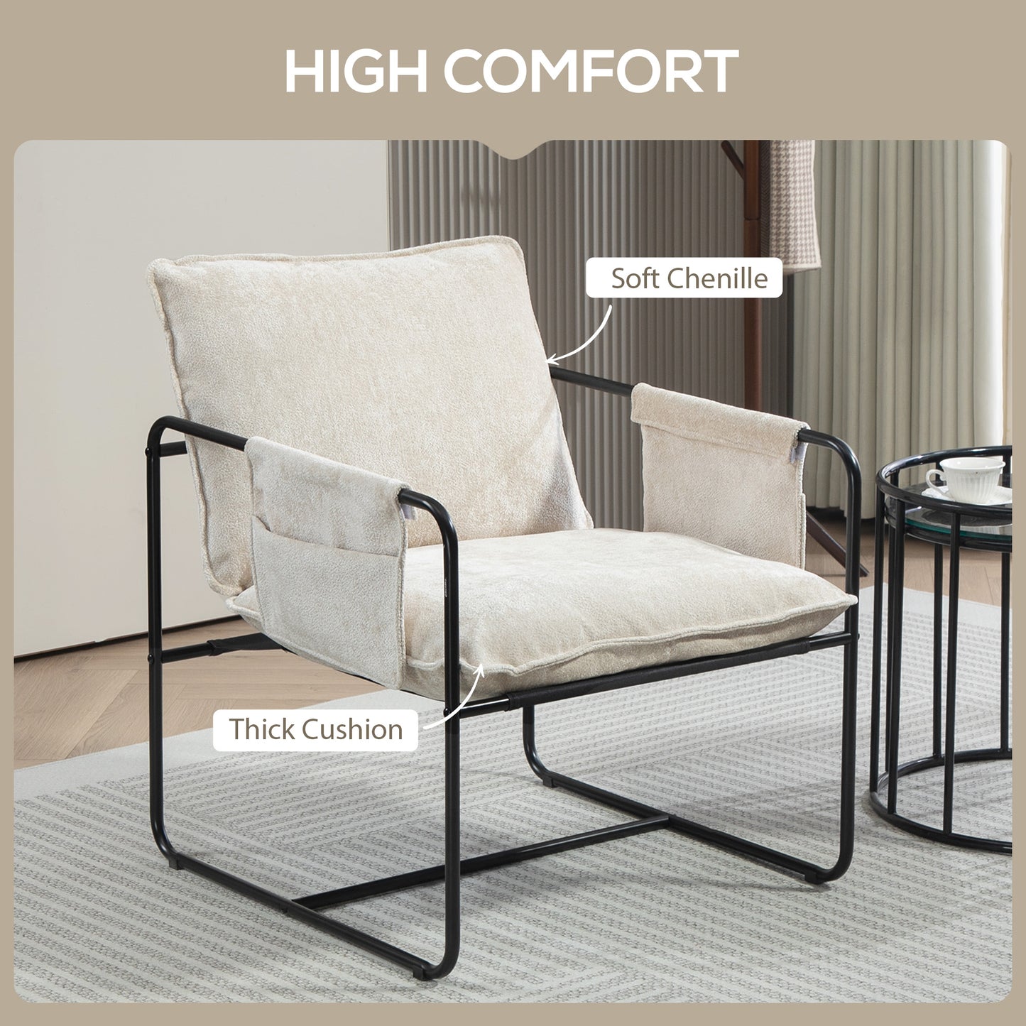 HOMCOM Modern Accent Chair, Upholstered Armchair with Side Pockets and Steel Frame, Comfy Reading Chair for Bedroom, Grey