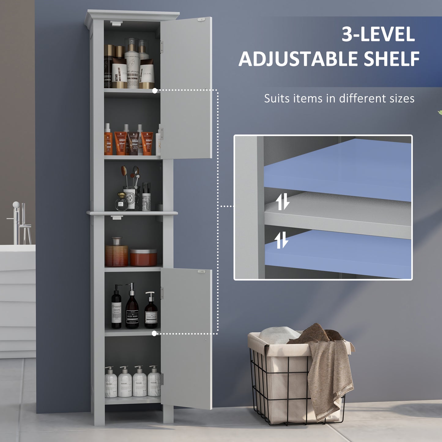 kleankin Bathroom Cabinet, Freestanding Linen Cabinet with Open Shelves, 13.8" x 11.8" x 62.4", Grey