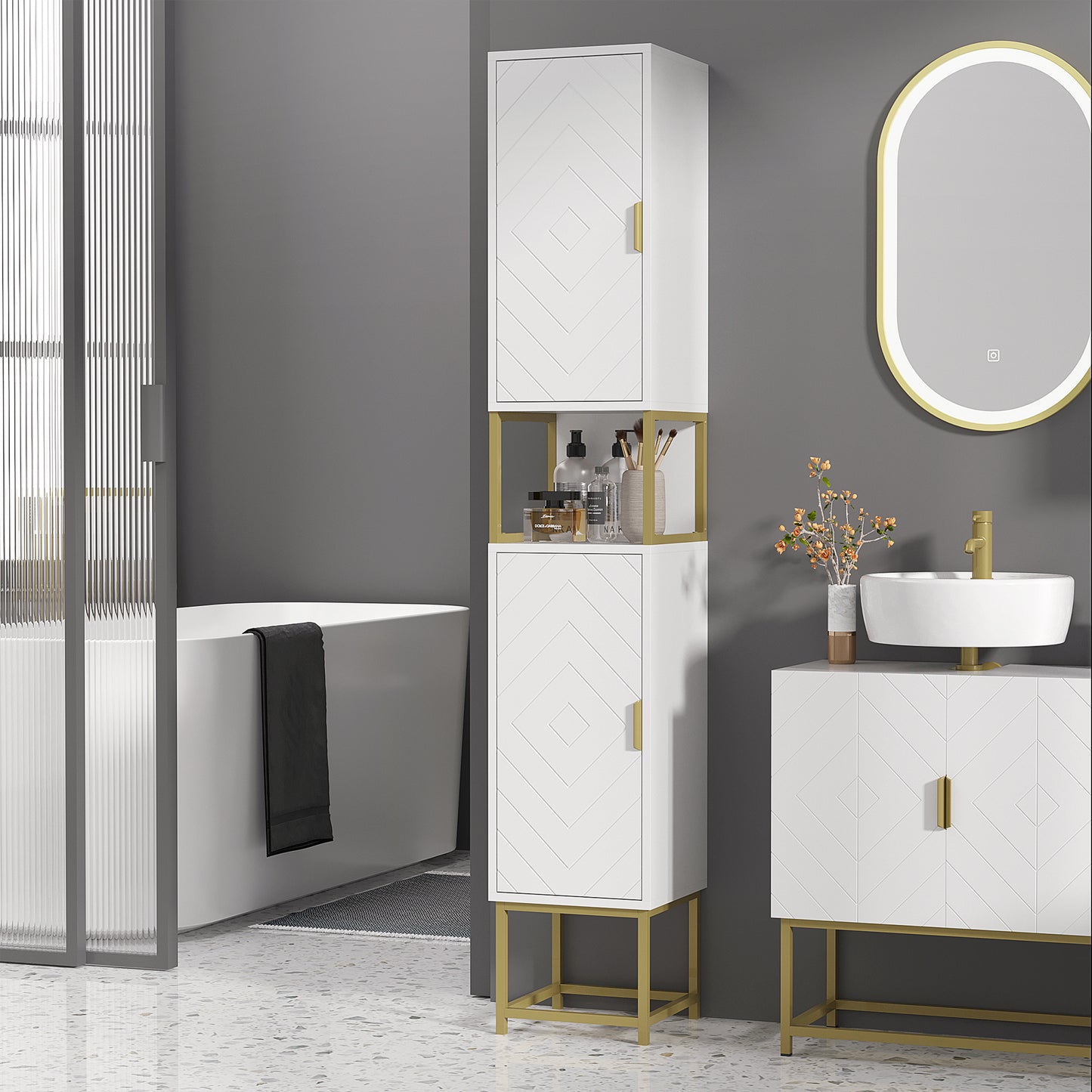 kleankin Tall Bathroom Storage Cabinet, Modern Narrow Bathroom Cabinet with Diamond Chevron Pattern and Adjustable Shelf, White
