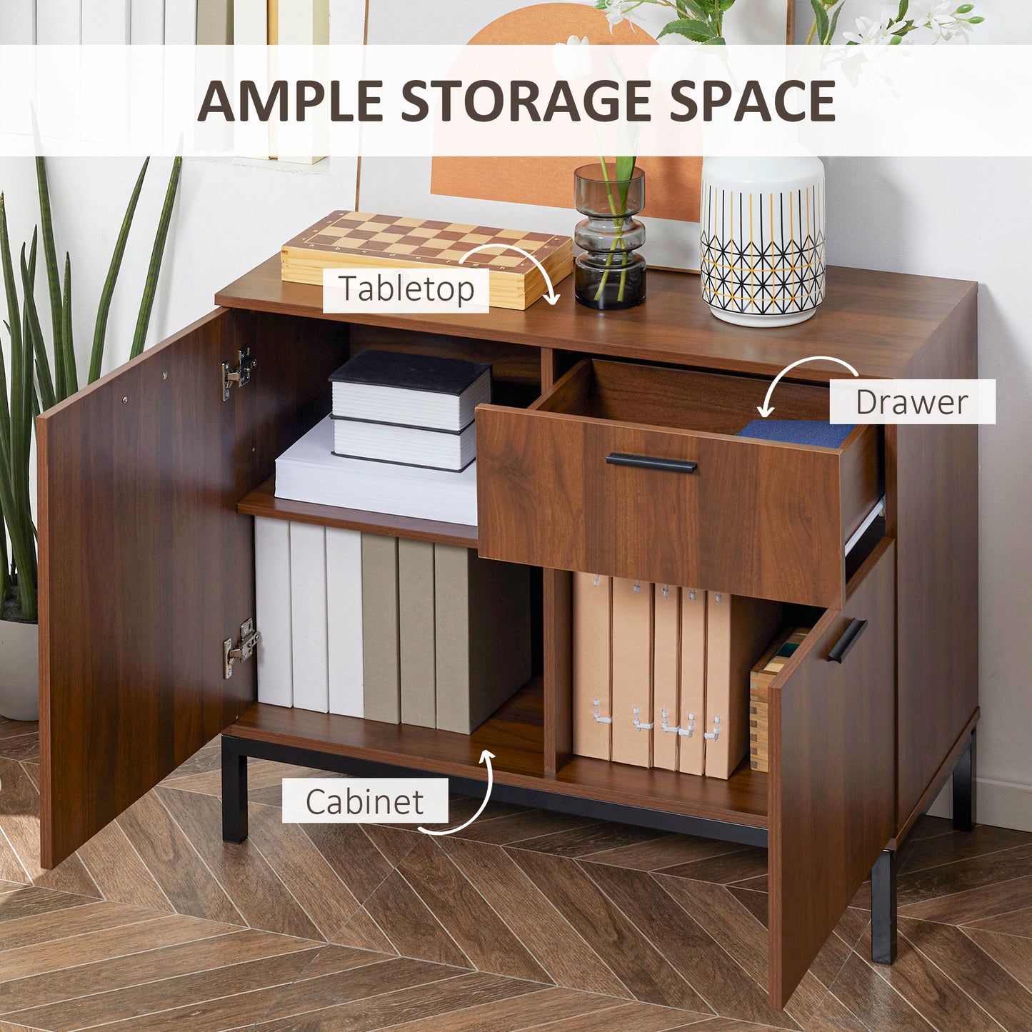 HOMCOM Kitchen Cabinet, Storage Cabinet, Sideboard Floor Accent Cabinet w/ Drawer, Enclosed Cabinet & Adjustable Shelves, Walnut Brown