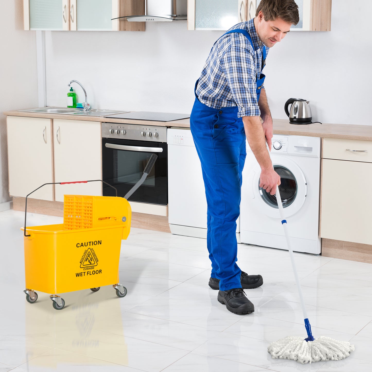 HOMCOM Compact Mop Bucket with Wringer, Mop Bucket on Wheels, 5 Gallon, Separate Dirty and Clean Water, Yellow