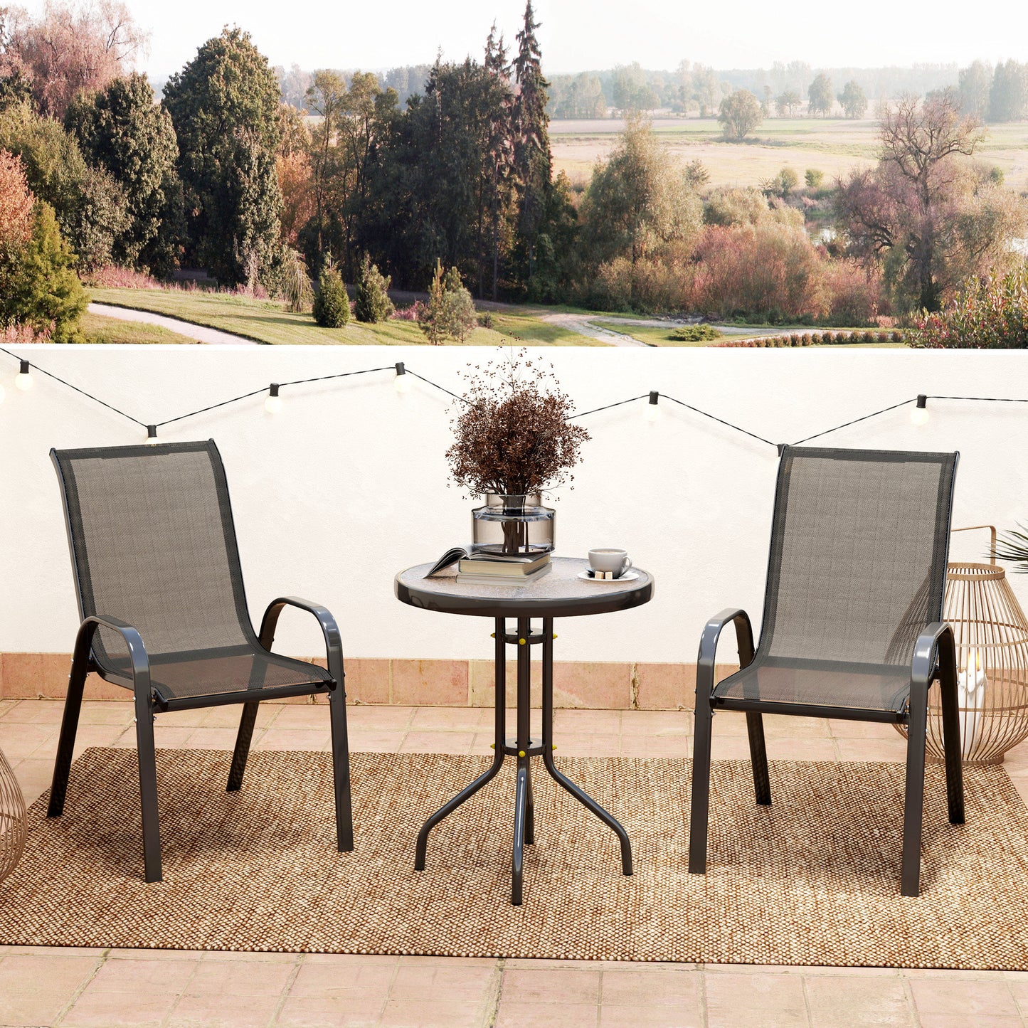 Outsunny 3 Pieces Bistro Set, Small Patio Furniture Set with Stackable Mesh Chairs, Glass Table for Garden, Balcony, Black