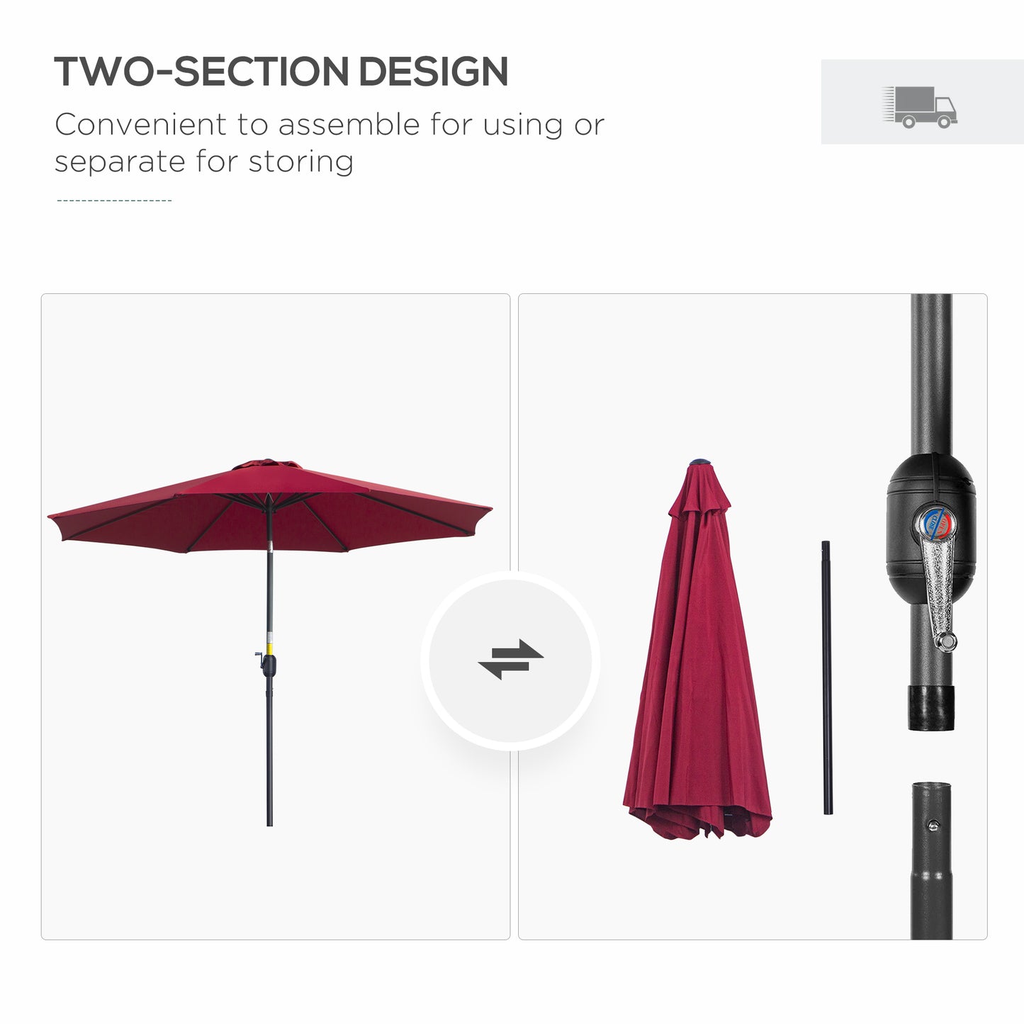 Outsunny 10' x 8' Round Market Umbrella, Patio Umbrella with Crank Handle and Tilt, Outdoor Parasol for Garden, Bench, Lawn, Wine Red