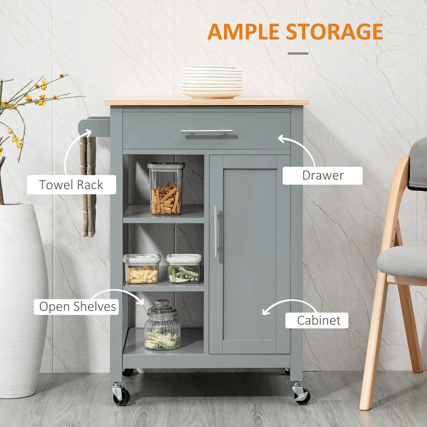 HOMCOM Kitchen Island, Compact Kitchen Cart on Wheels with Open Shelf & Storage Drawer for Dining Room, Kitchen, Black