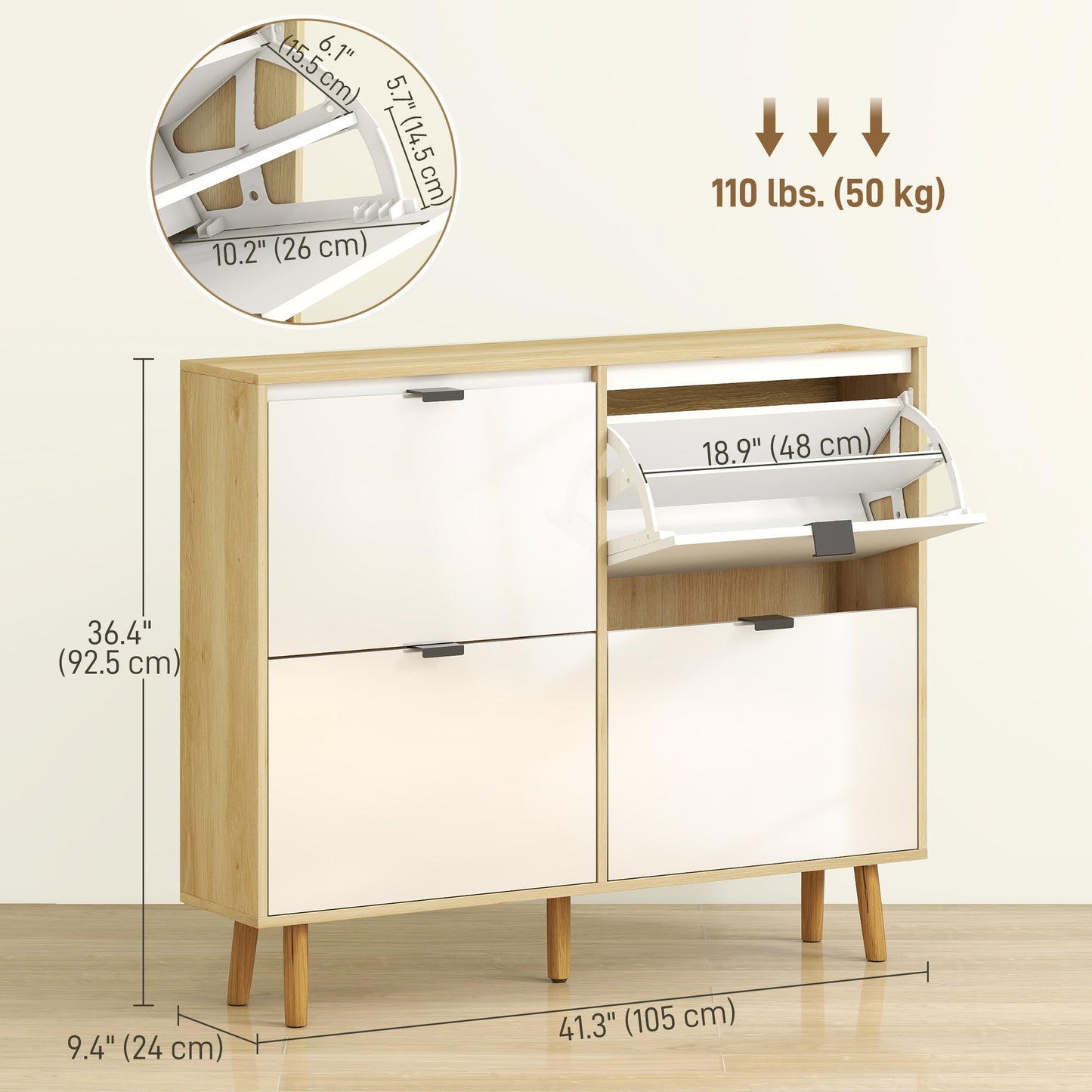 HOMCOM Narrow Shoe Cabinet, High Gloss Shoe Storage Cabinet with 4 Flip Drawers and Adjustable Shelves, Holds 20 Pairs, White