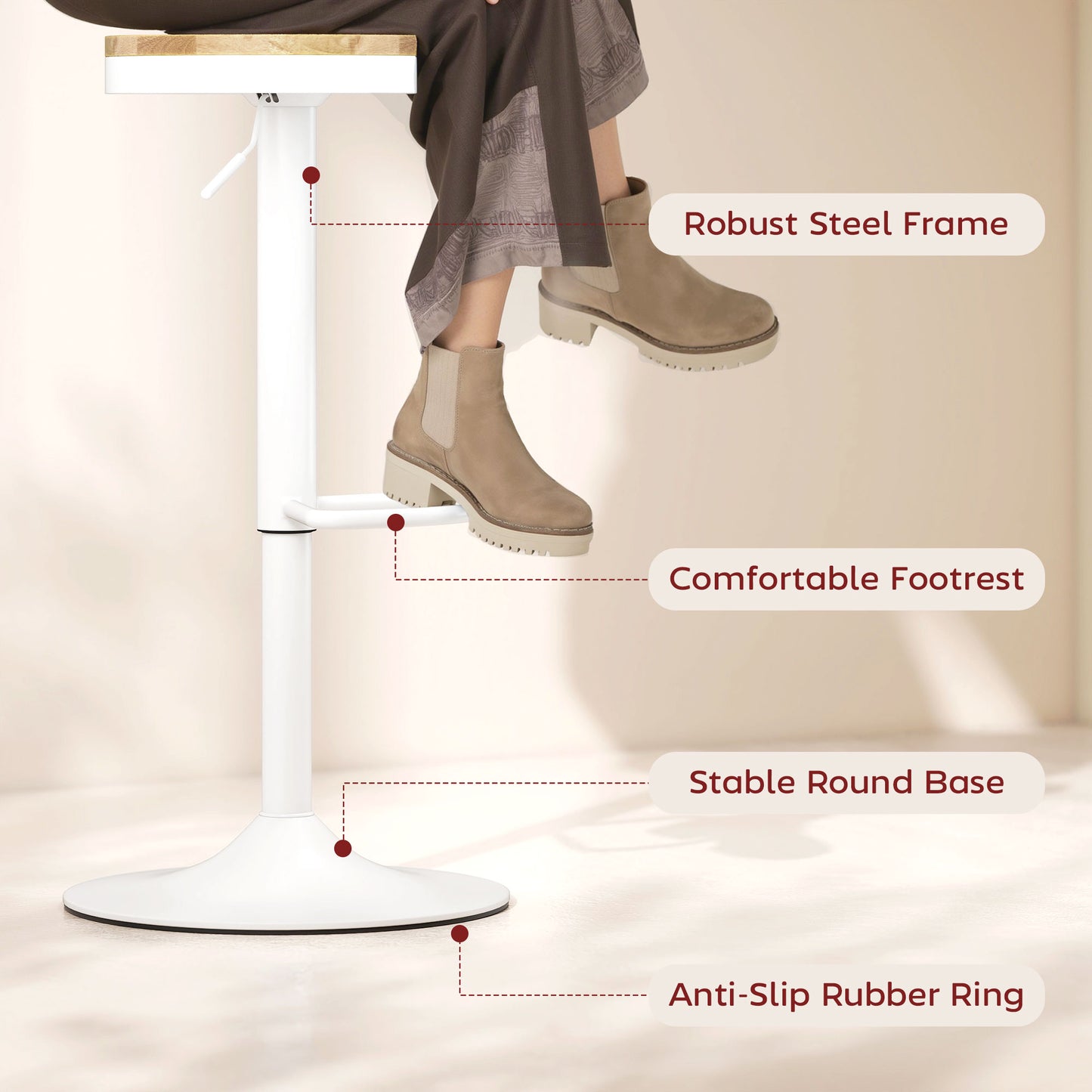 HOMCOM Wood Barstools Set of 2, Swivel Bar Stools with Adjustable Height for Kitchen Counter, Natural Wood and White