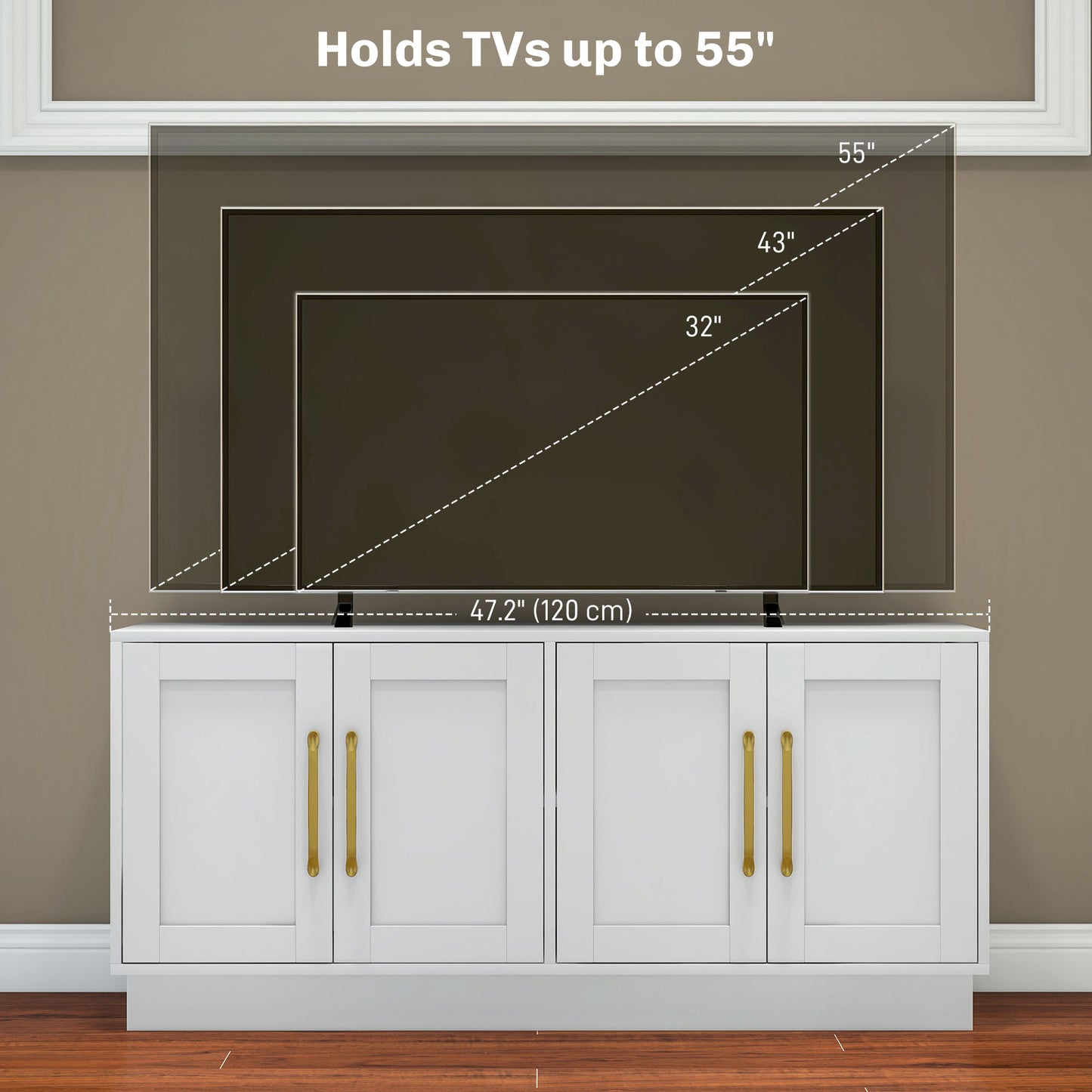 HOMCOM Modern TV Stand for up to 55" TV, TV Cabinet with 4 Soft Hinged Doors, 4 Cable Holes and 2 Adjustable Shelves, White