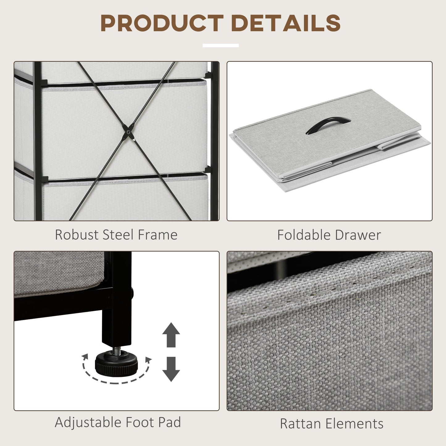 HOMCOM 5 Drawer Dresser for Bedroom, Tall Fabric Chest of Drawers with Steel Frame, Wood Grain Top and Handles, Grey
