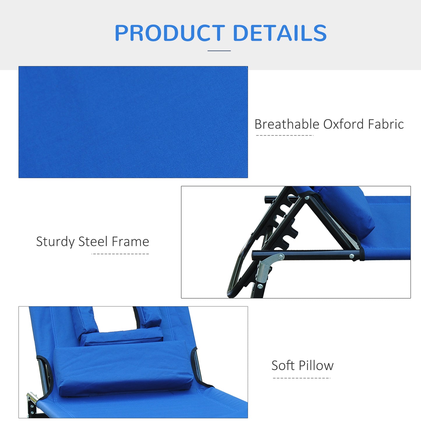 Outsunny Folding Outdoor Lounge Chair, Portable Reclining Beach Lounger with Face Hole, Detachable Pillow, 4-Position Adjustable Backrest, For Patio, Garden, Poolside, Blue