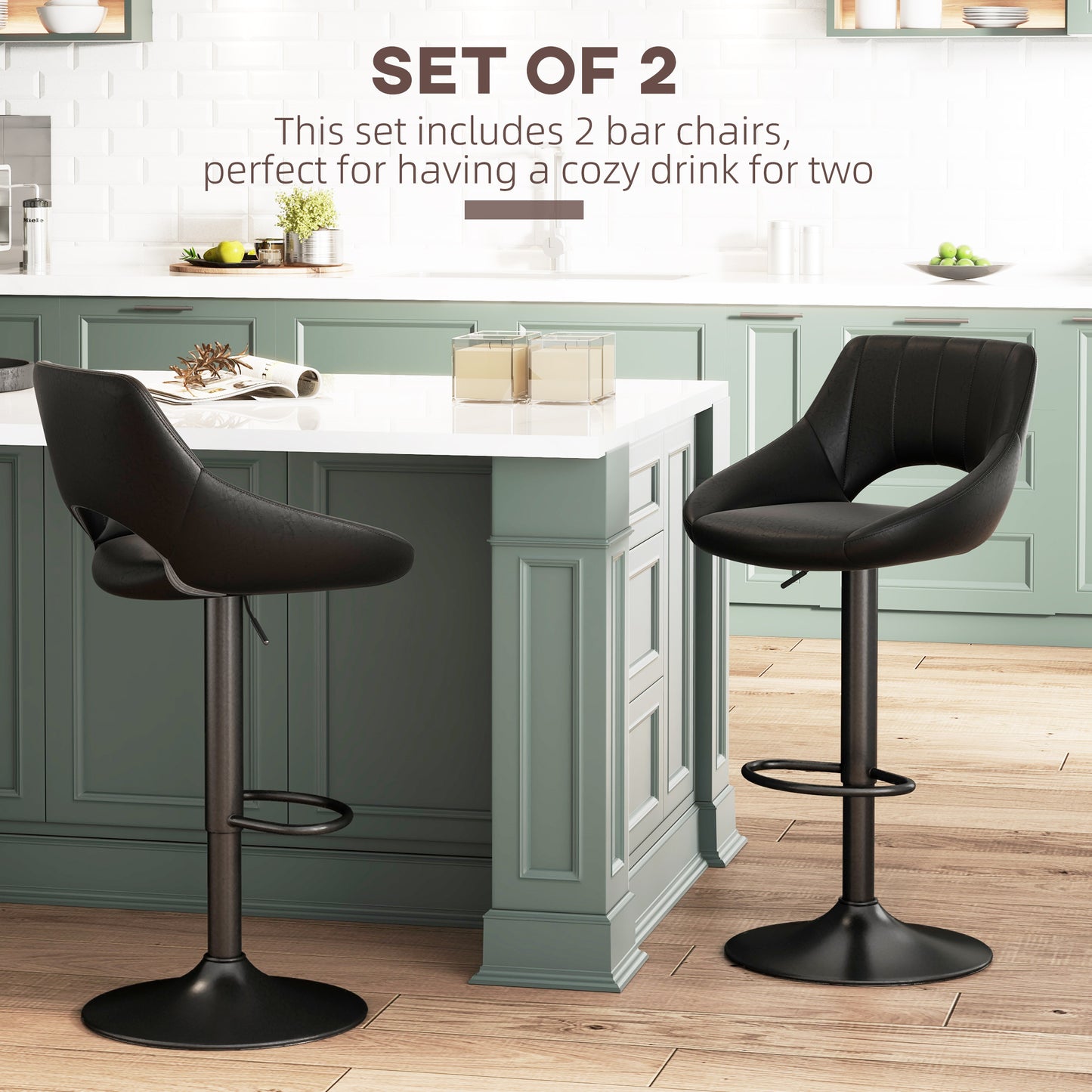 HOMCOM Bar Stools Set of 2, Swivel Counter Height Barstools with Adjustable Height, Linen Upholstered Bar Chairs with Round Metal Base and Footrest, Blue