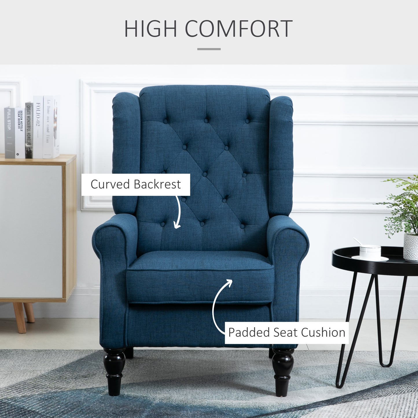HOMCOM Fabric Accent Chair, Button Tufted Armchair, Upholstered Modern Living Room Chair, Wingback Chair with Wood Legs, Rolled Arms, Thick Padding for Bedroom, White