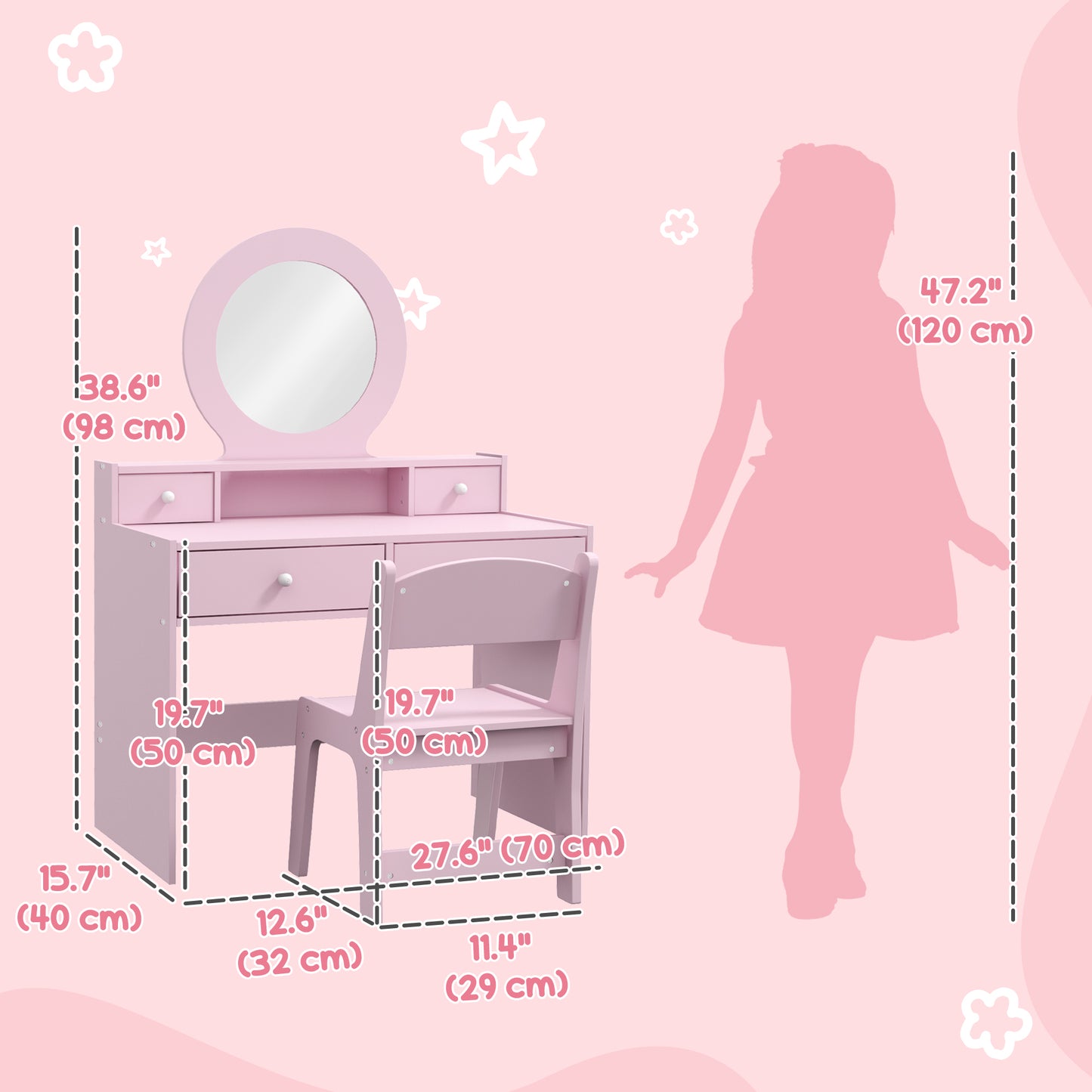 Qaba Kids Vanity Set, Dual-Use Dressing Table with Removable Tri-Folding Mirror and Drawer, for Ages 3-8, Pink