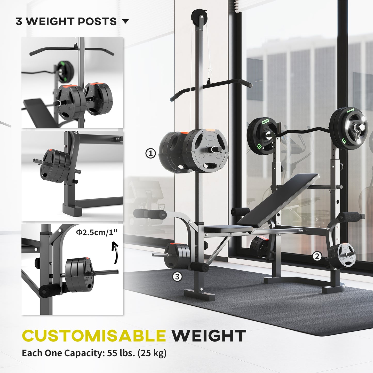 Adjustable Weight Bench with Press Rack, Preacher Curl & Lat Pull Down