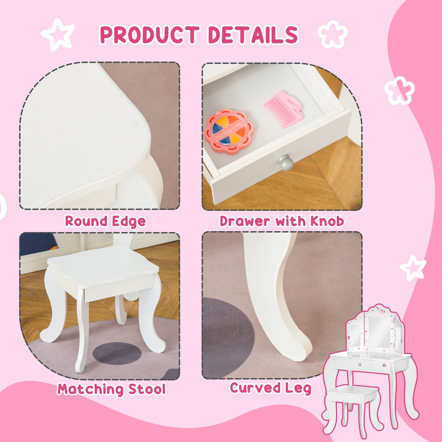 Qaba Kids Vanity Table and Stool, Makeup Vanity Girls Dressing Table Set with Tri-folding Mirrors Drawer Star and Heart Pattern, White