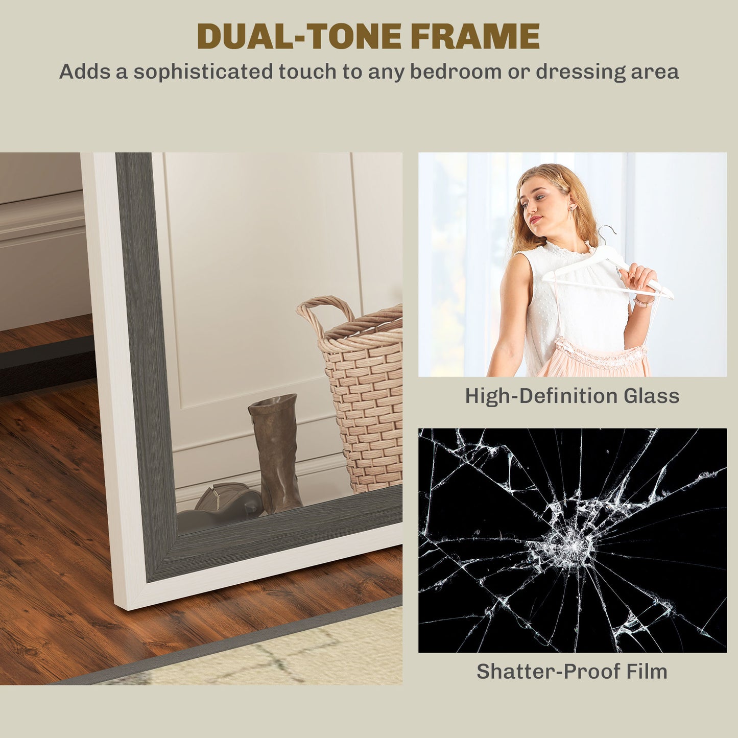 HOMCOM Floor Standing Mirror, Full Length Mirror, Free Standing, Leaning or Wall Mirror with Frame for Bedroom, Dark Wood Grain