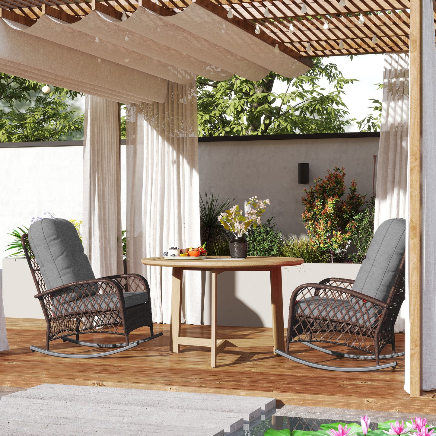 Outsunny Outdoor Wicker Rattan Rocking Chair Set of 2, Patio Rocker with Thick Cushions for Garden Backyard Porch, Grey