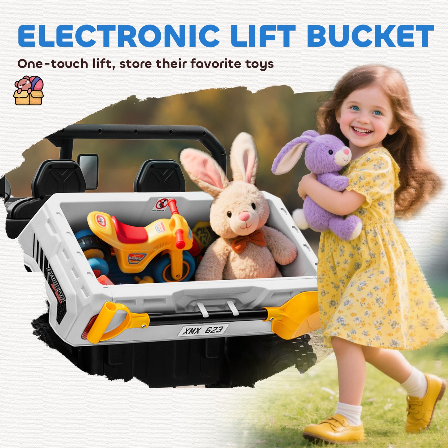 Aosom 12V Ride on Car with Electric Bucket, Two-Seater, Shovel, Remote Control, Spring Suspension, Horn, Music, Red