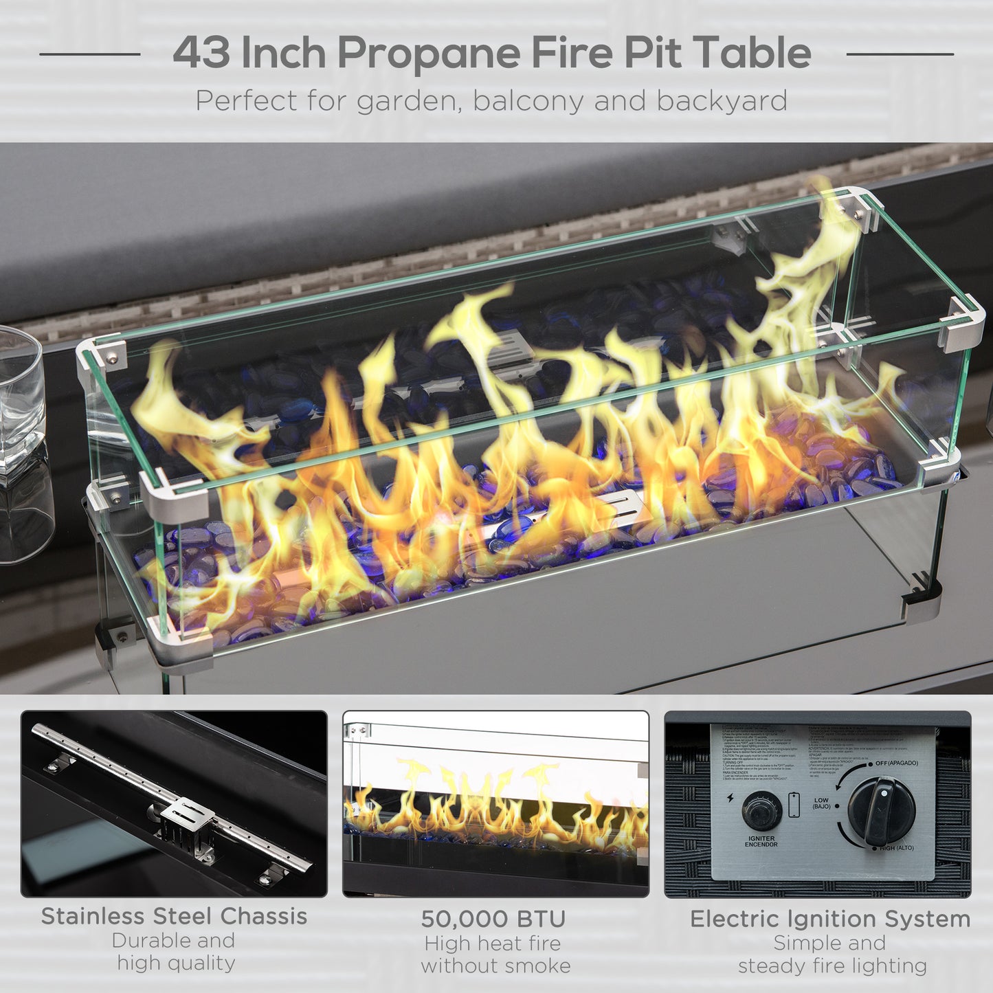 Outsunny Propane Fire Pit Table 43in Outdoor Fire Table, 50,000 BTU Pulse-Ignition Wicker Firepit Furniture with Glass Wind Guard, Blue Glass Rock, CSA Certification, Black